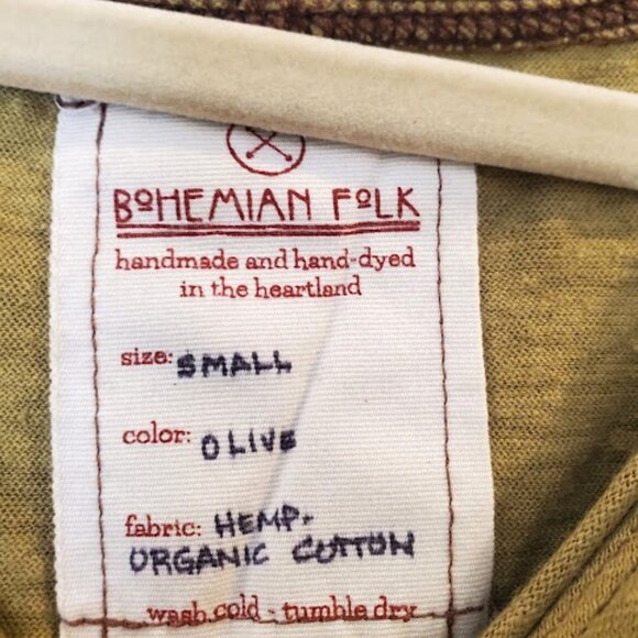 Small Olive Bohemian Folk Hacienda Top in Jersey Hemp Cotton Blend - Picture 4 of 6